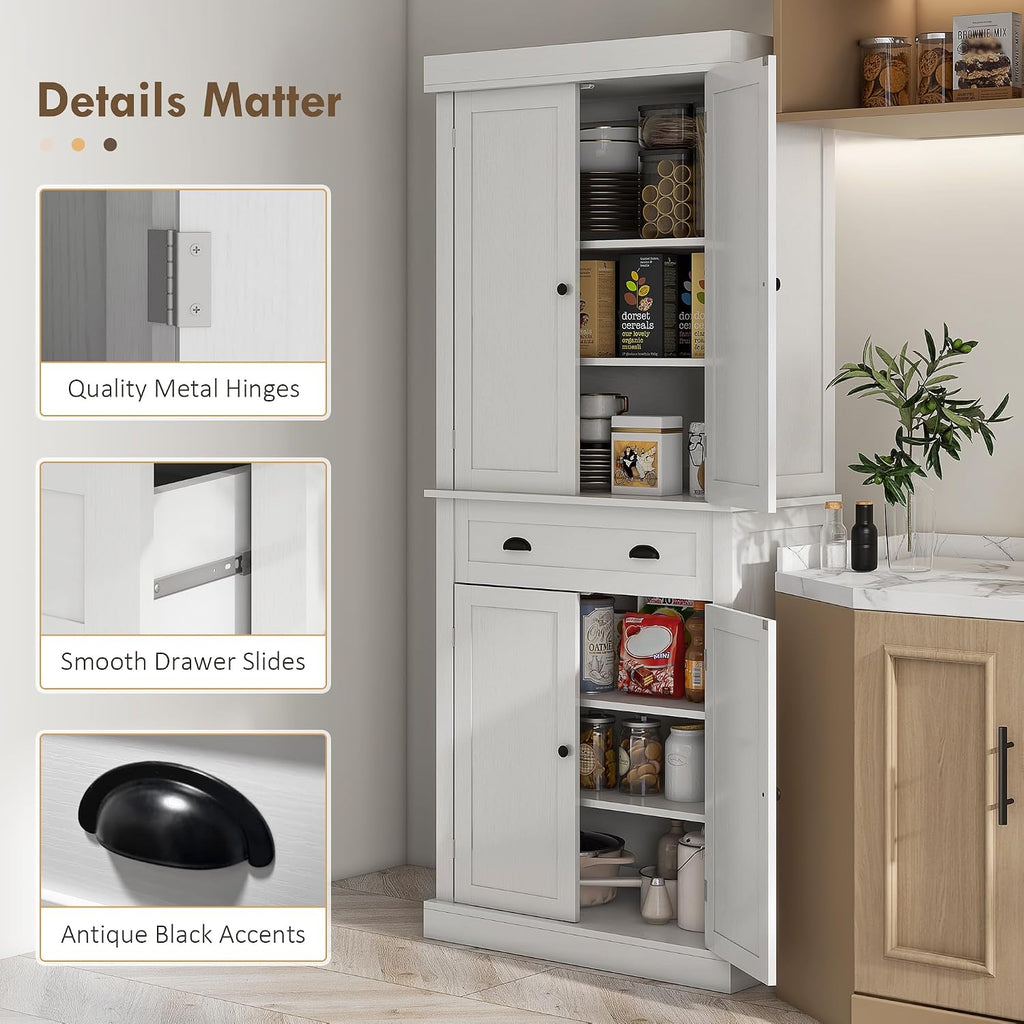 72.5" Kitchen Pantry Cabinet, Traditional Freestanding Storage Cabinet with 4 Doors, Drawer and 3 Adjustable Shelves for Dining Room, White Wood Grain,16 * 30 * 72.5