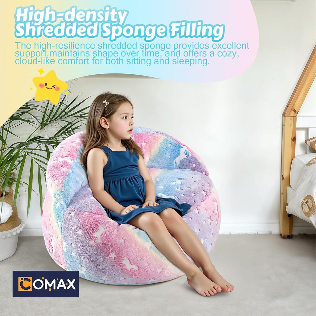 COMAX Bean Bag Chair for Kids, Unicorn Convertible Toddler Beanbag Bed, Children Bean Chair Stuffed to Floor Mattress with Filler, Colorful Rainbow