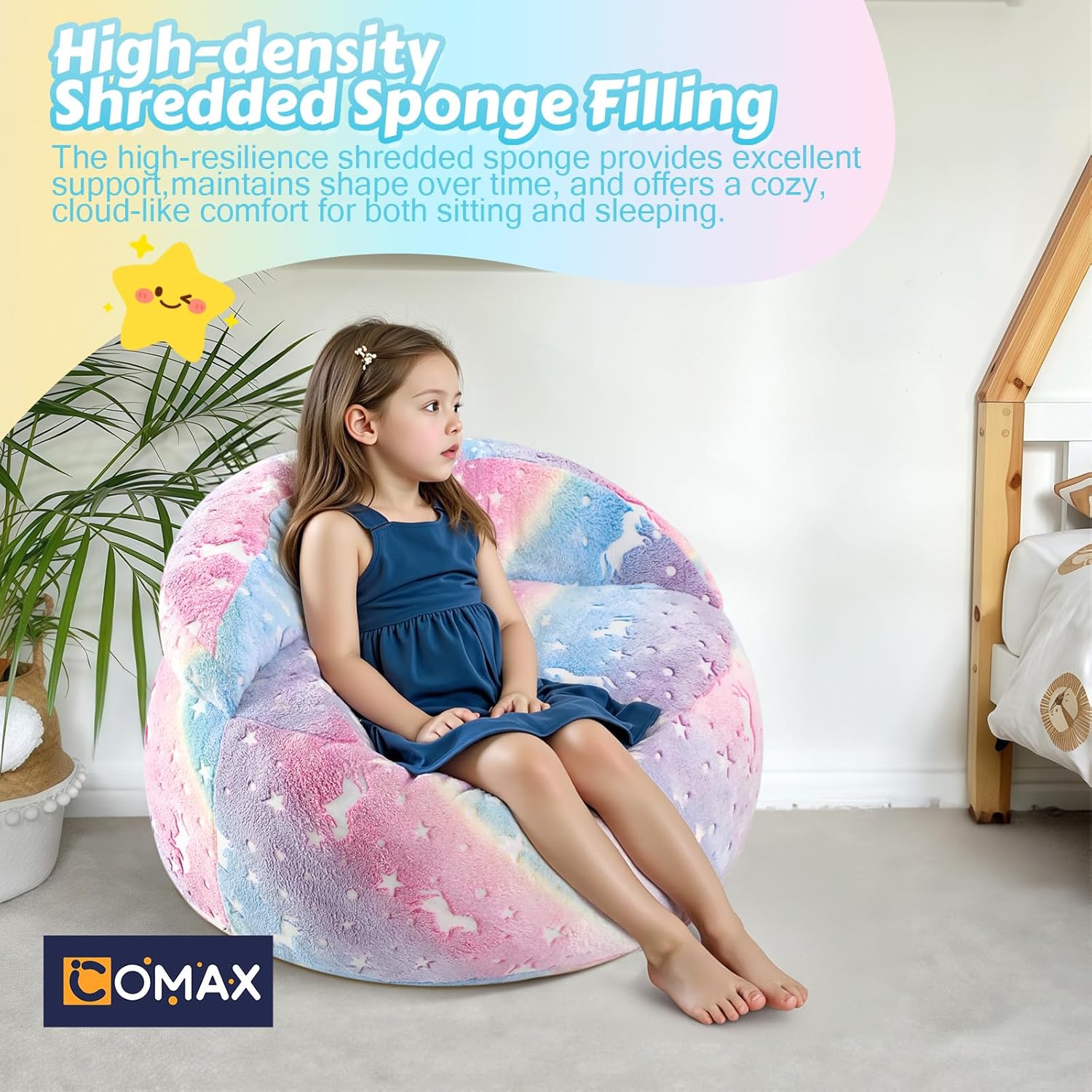 COMAX Bean Bag Chair for Kids, Unicorn Convertible Toddler Beanbag Bed, Children Bean Chair Stuffed to Floor Mattress with Filler, Colorful Rainbow