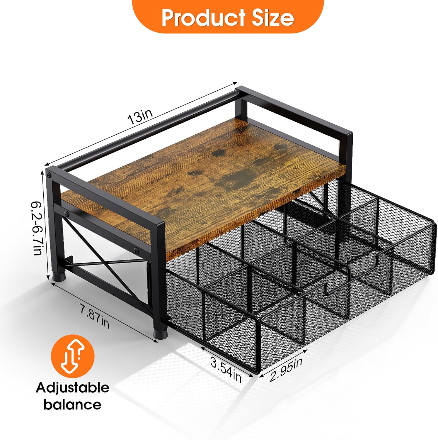 Tea Bag Organizer, Tea Organizers and Storage with 8 Compartments & Drawer, Wooden Metal Tea Bag Holder for Countertop Kitchen Office Tea Station, Rustic Brown