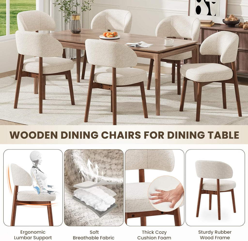 MALOL Wooden Dining Chairs Set of 6, Modern Upholstered Dining Room Chair, Fabric Kitchen Side Chairs with Curved Open Back for Living Room/Restaurant/Cafe, Beige