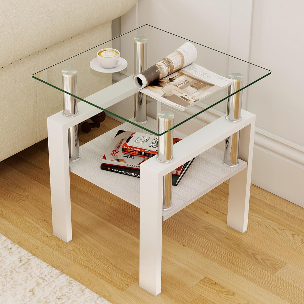 2-piece Set Modern Tempered Glass Side Table, Small Glass Top End Table, Square Table with Metal Frame, Suitable for Living Room and Bedroom