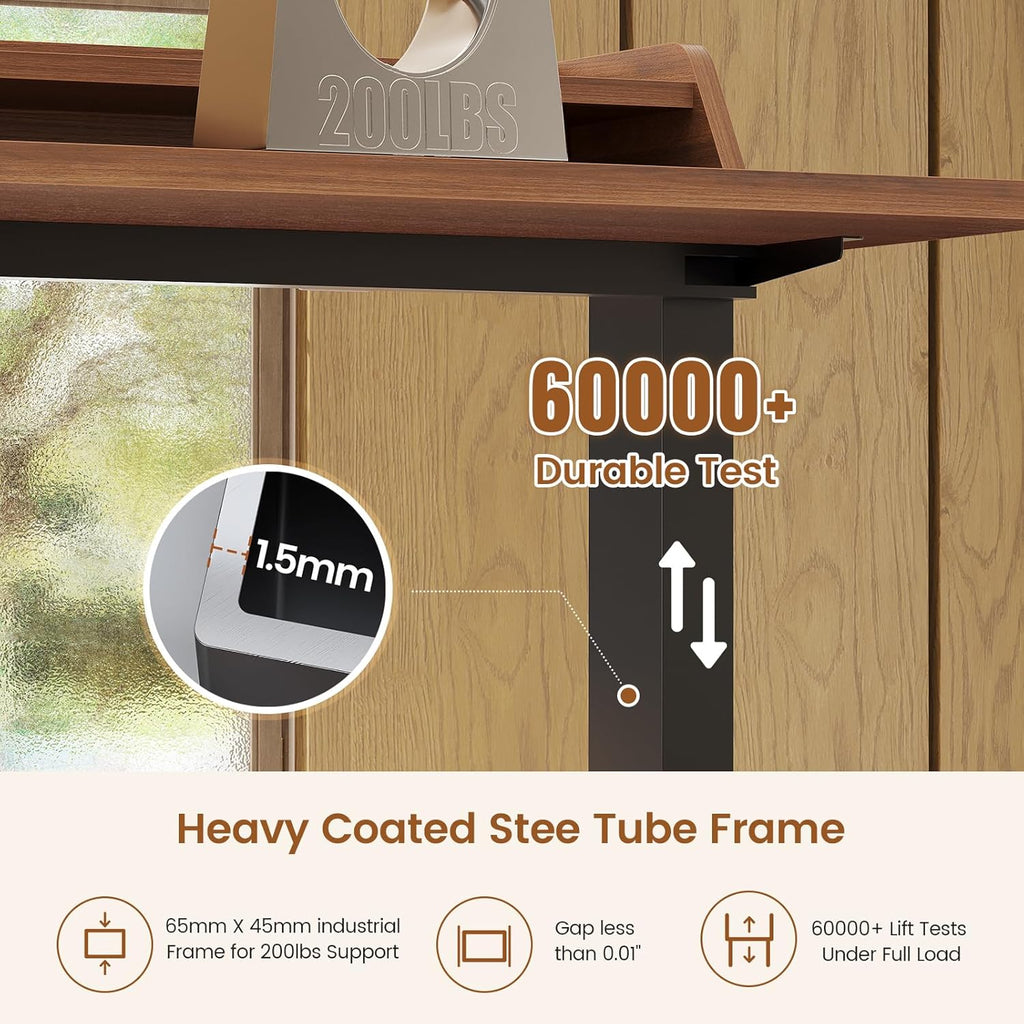 SEDETA Standing Desk with Storage, 55" Fluted Stand Up Desk with Power Outlets and LED Lights, Height-Adjustable Table with Monitor Shelf for Home Office & Gaming, Brown