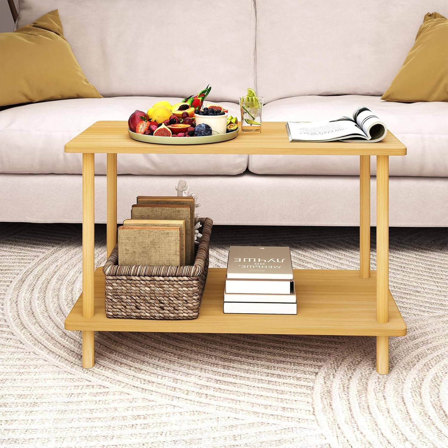 Funecy 2-Tier End Table, Sofa Side Table with Storage, Narrow Side Table, Bedside Table for Bedroom，for Living Room and Small Space (Natural)
