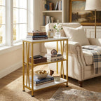 Narrow Side Table, End Table with 3 Tier Storage Shelves, Industrial Rustic Accent Skiny End Tables for Small Spaces, Slim Couch Beside Table, Small Hallway Table for Living Room (White+Gold)