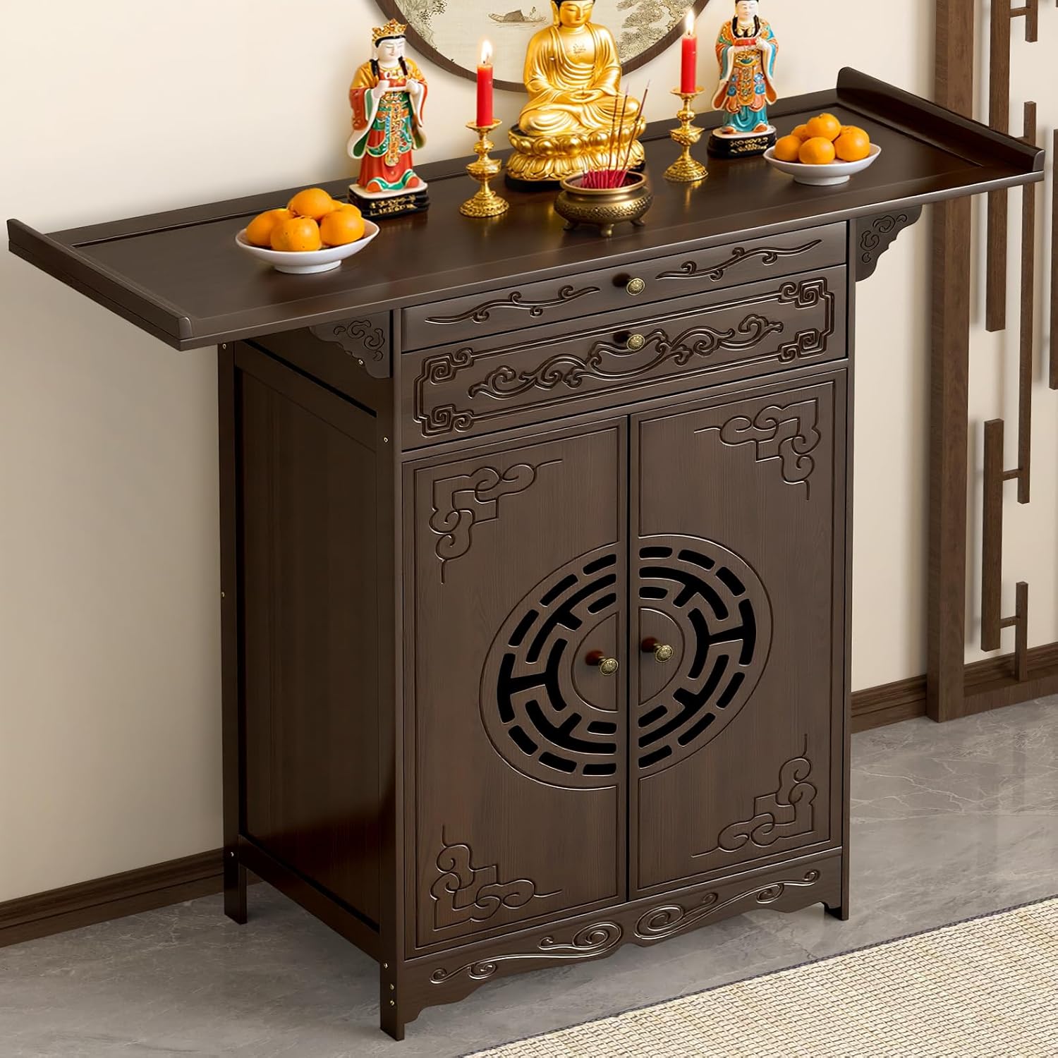 Altar Table with Storage for Meditation and Prayer, Bamboo Buddhist Chinese Altar Cabinet with Carved Corner Flowers, Zen Shrine Table for Floor, Meditation Table for Home Decor, Incense and Pray