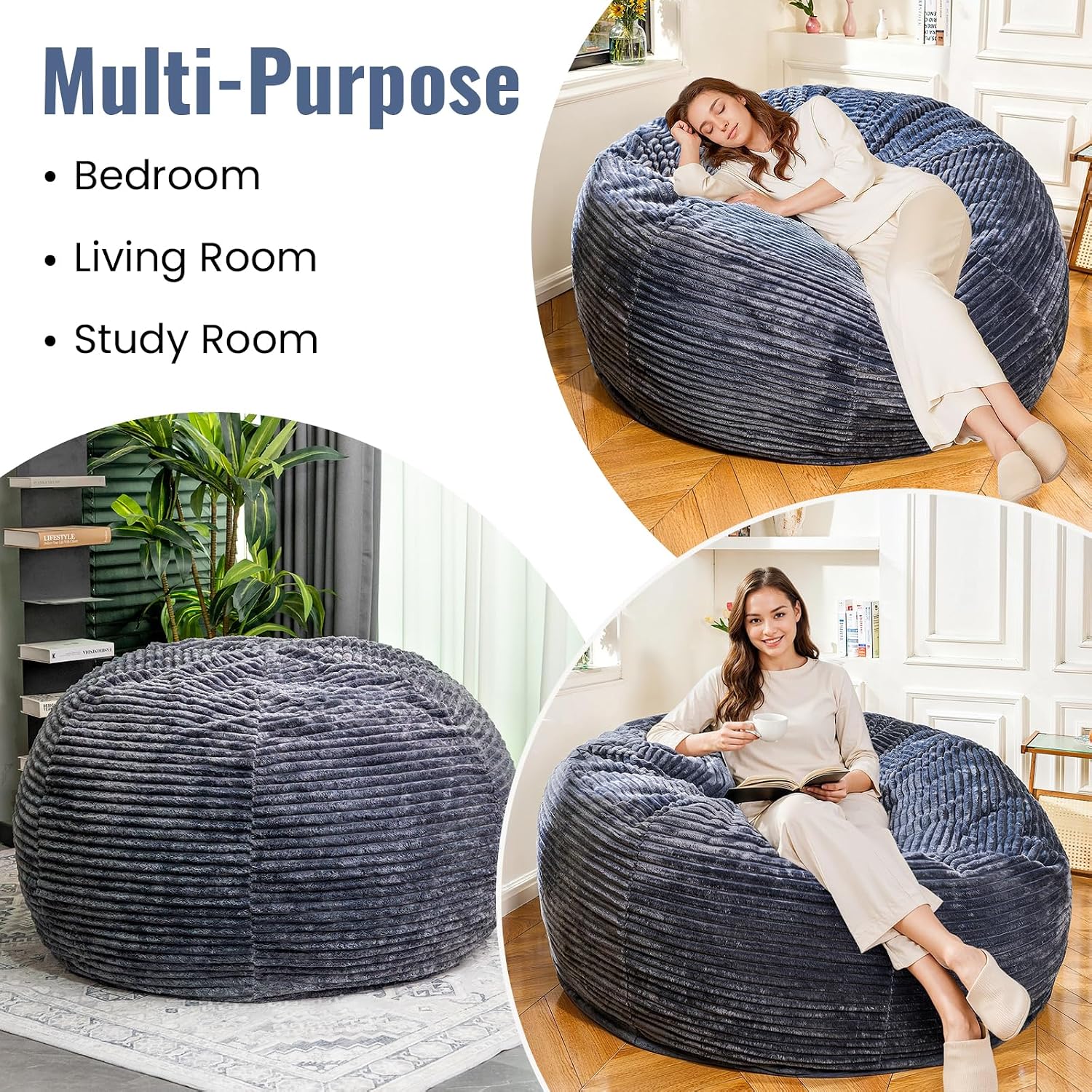 5FT Bean Bag Chair, Giant Bean Bag Chairs with Memory Foam Filled, Bean Bag Chairs for Adults with Corduroy Cover, Ultra Soft Lazy Sofa for Living Room Bedroom (Grey)