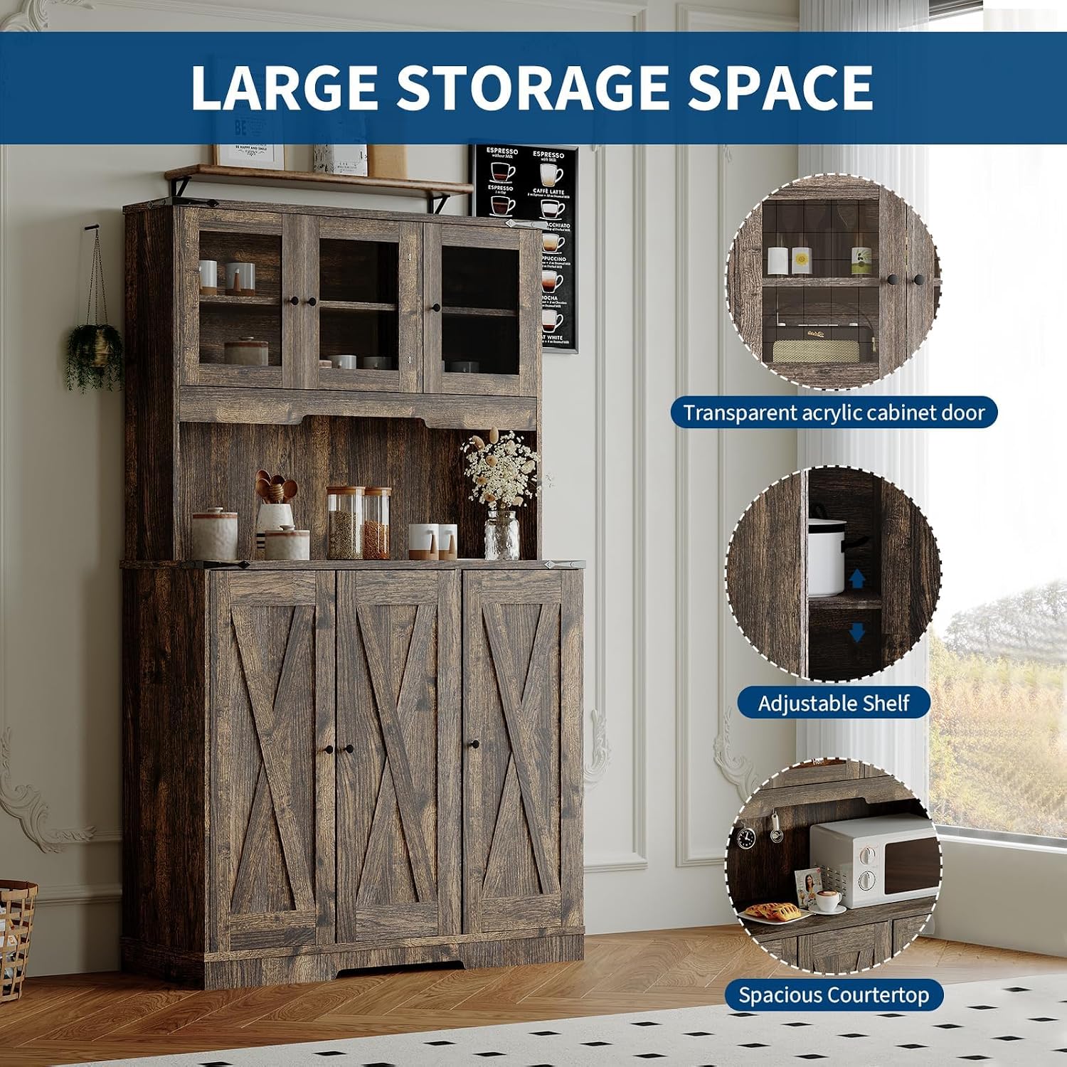 71” Farmhouse Pantry Cabinet - Kitchen Hutch with Charging Station & Adjustable Shelves, Dining Room Sideboard with countertop, Microwave Stand & Coffee Bar Storage Cabinet for Living Room - Brown