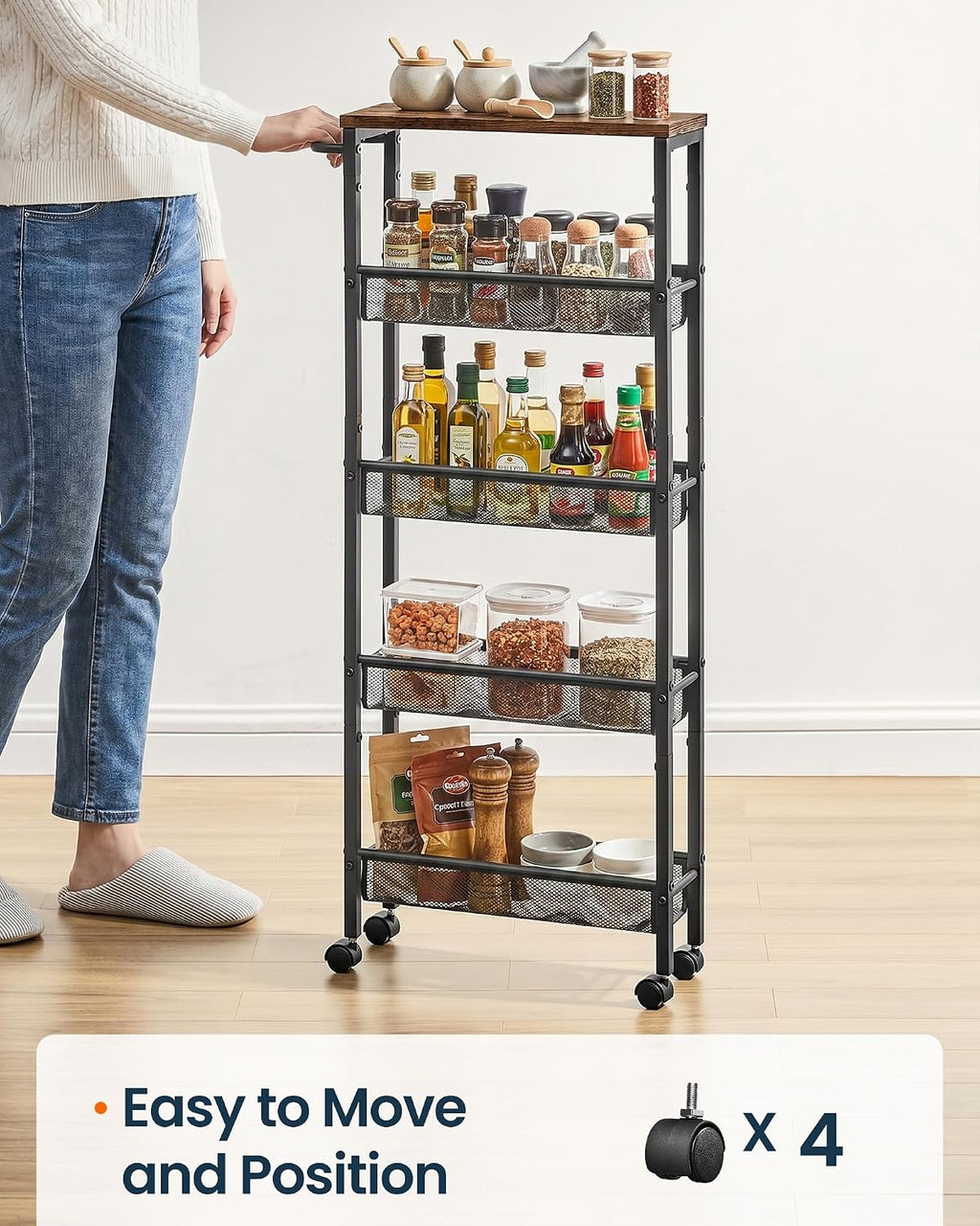 SONGMICS HOME Slim Rolling Cart, 5-Tier Storage Cart with Wheels and Handle, Narrow Utility Cart for Kitchen, Living Room, Brown and Black