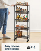 SONGMICS HOME Slim Rolling Cart, 5-Tier Storage Cart with Wheels and Handle, Narrow Utility Cart for Kitchen, Living Room, Brown and Black