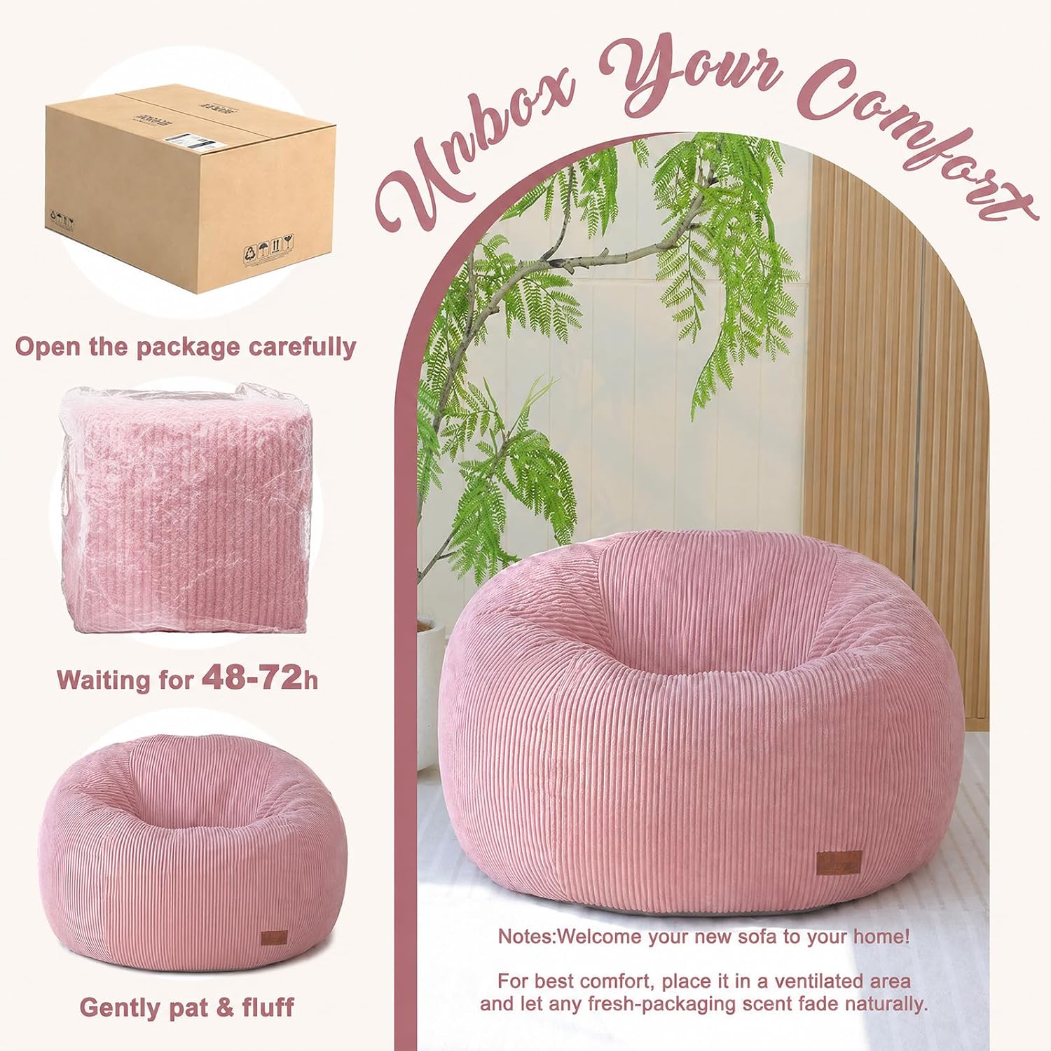 Bean Bag Chair for Adults Teens & Kids, Giant Round Bean Bag-XL | Memory Sponge Filling, Boneless Lounge Floor Sofa Chair with Handle & Non-Slip Base for Living Room Bedroom Balcony(Pink)