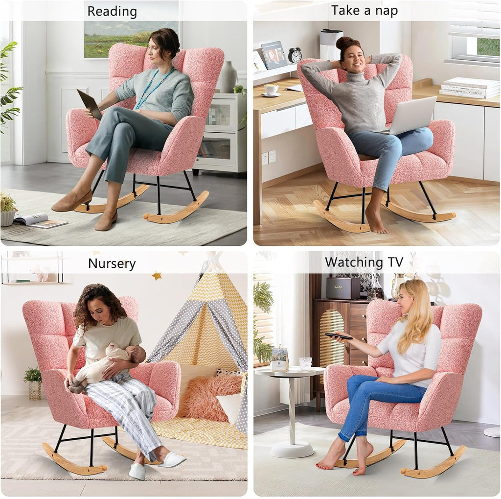 Furniliving Nursery Rocking Chair Upholstered Glider Rocking Chair Modern Accent Chair Padded Seat Reading Chair with High Backrest Comfy Chair for Living Room, Bedroom, Nursery, Pink, Teddy