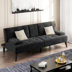 Shintenchi Futon Sofa Bed, Velvet Foldable Couch, Reclining Sleeper with Removable Armrests, Upholstered Loveseat Sofa Couch with Folding Cup Holders for Home, Office, Black