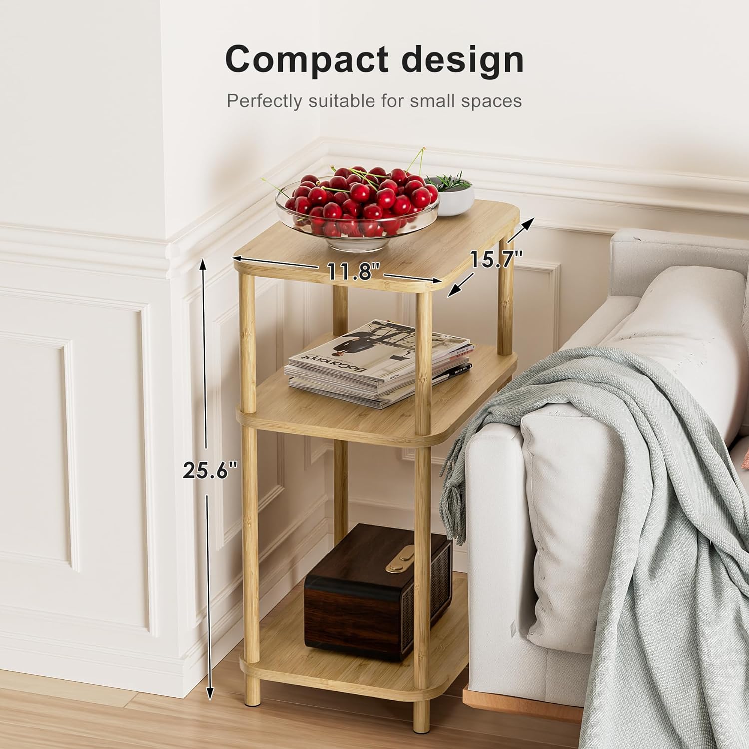 Bamboo End Table, Side Table for Small Space with Storage Shelf, Small Table Stand, Narrow Wooden Bedside Table Nightstand, Toolless Assembly, for Nursery, Living Room, Bedroom, Natural