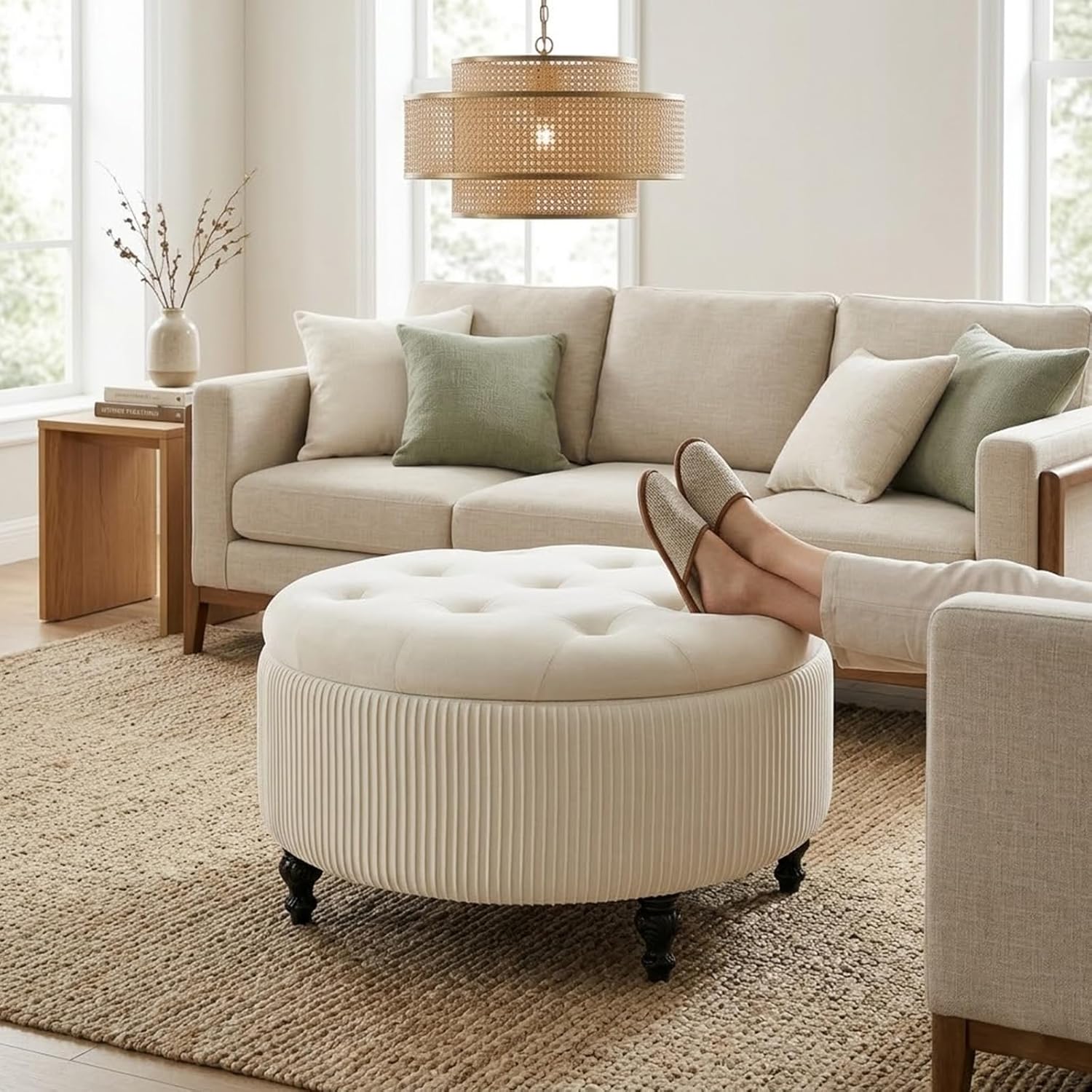 4-in-1 24Inch Round Storage Ottoman, Modern Tufted Fabric Circle Storage Coffee Table with Removable Lid, Upholstered Storage Ottoman with Tray for Living Room (Off White)