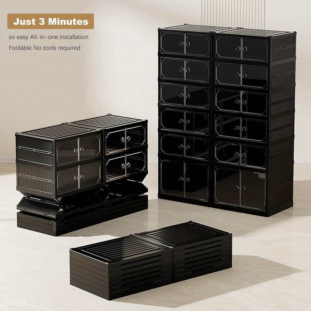 6 Tiers 12 Pairs Foldable Shoe Rack Storage Cabinet, Suitable for Closet Entryway, Collapsible Shoe Storage Organizer Cabinet with Magnetic Door，Easy Assembly (Black, 13.7x17.3x47.2)