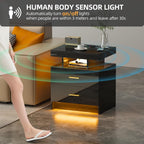 Lvifur Smart Nightstand with RGB Lights & Wireless Charging Station - Black | Motion Sensor, Dynamic & Static Lights, Adjustable Brightness, USB & Type-C Charging, Drawers with Metal Rail, 3 Compartments
