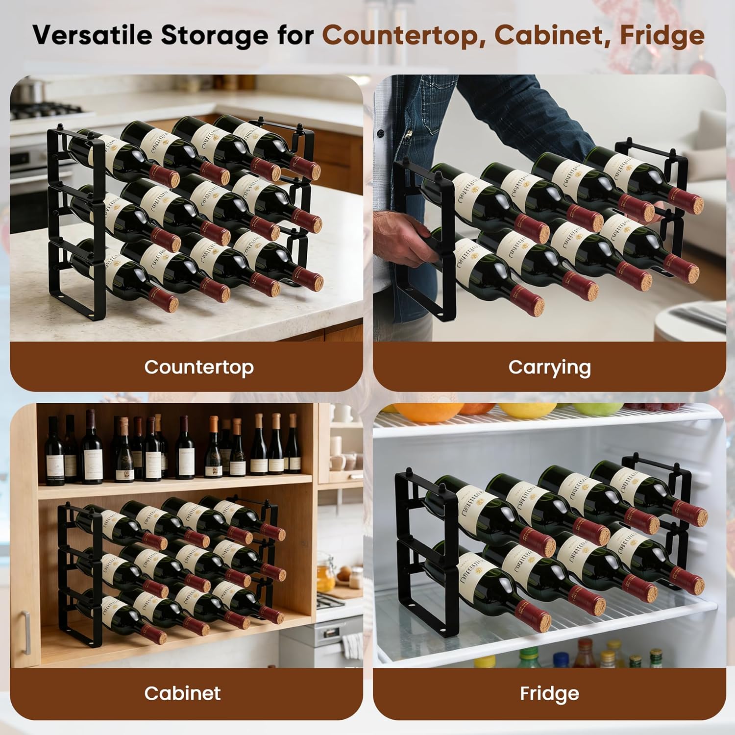 Wine Rack for Countertop – Stackable Freestanding Bottle Organizer for Kitchen, Pantry, Bar Cabinet & Small Spaces – Compact Metal Shelf & Modular Storage Stand (3-Tier)