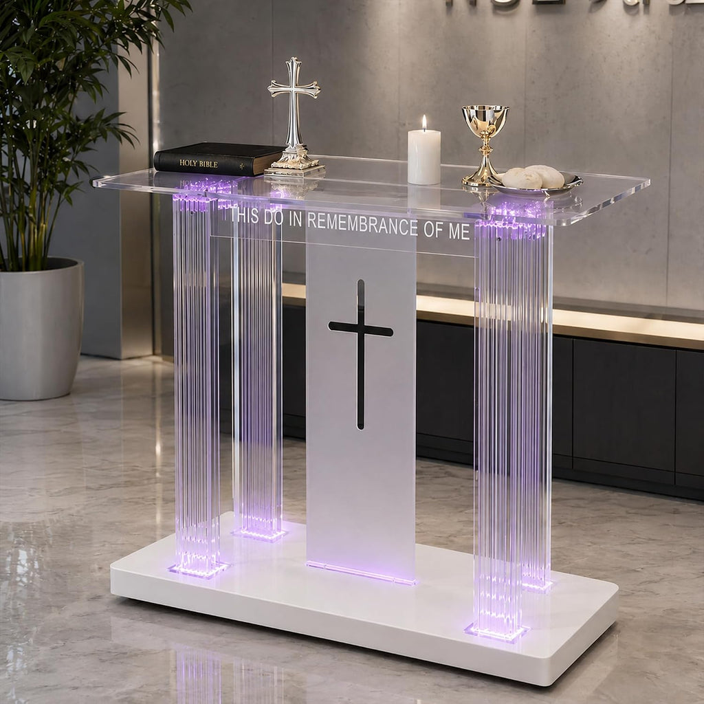 Clear Acrylic Holy Communion Table, Church Altar Table with LED Color Changing Lights & Remote Control, Mobile Worship Table with 4 Swivel Casters , Engraved Cross & Scripture for Church & Home Use