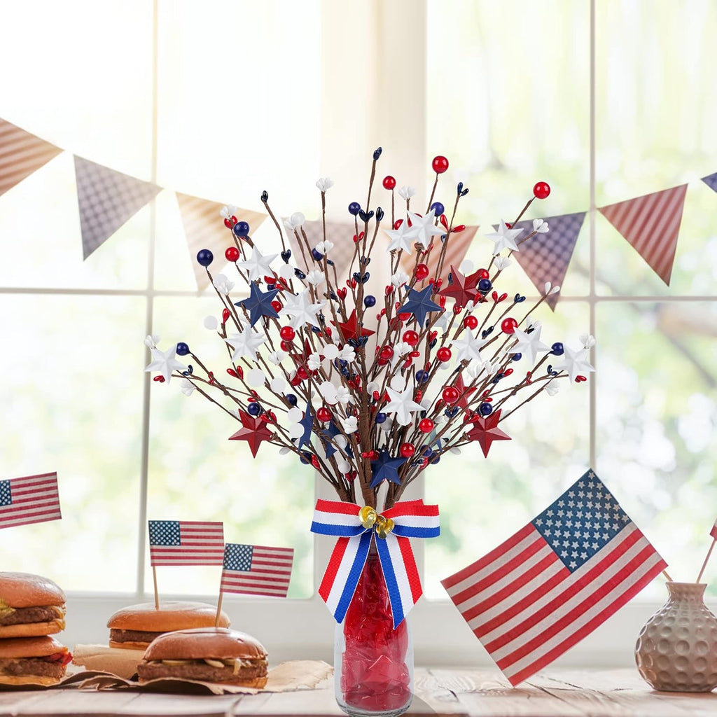 4 Pack Patriotic Artificial Berry Stem Picks White Blue Red Stars for 4th of July Independence Day, Pentagram Faux Berry Branches Decoration for Home Office Restaurant Vase Décor