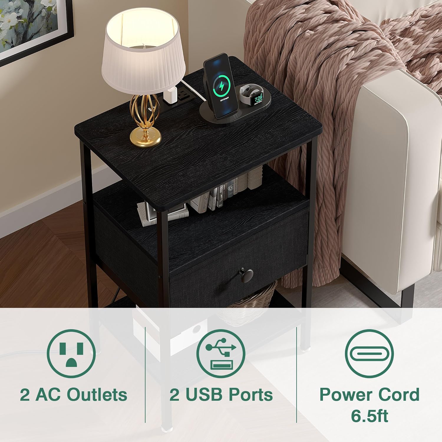 VECELO Nightstands with Charging Station Set of 2,Bedside Tables with Storage Shelf&Fabric Drawer,End Tables for Bedroom,Living Room,Small Spaces,Black