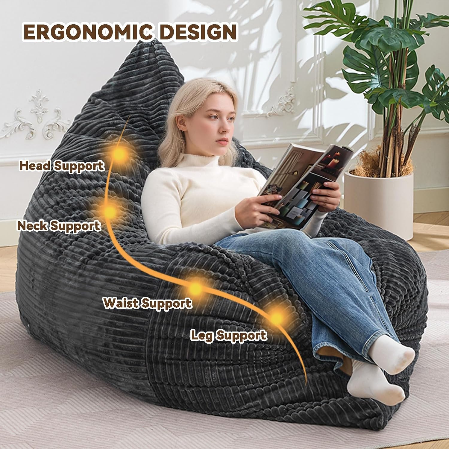 3 in 1 Giant Bean Bag Chair for Adults & Kids, Floor Futon Mattress, Couch & Floor Cushion, Comfy Reading Lounge Sofa, Soft Corduroy Washable Cover for Bedroom, Living Room & Dorm, Black