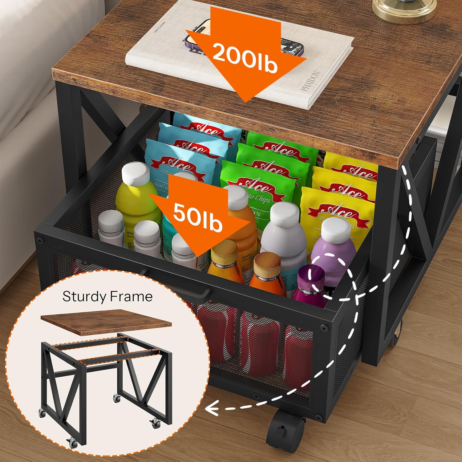HOOBRO Mini Fridge Stand with Movable Storage Basket and Wheels, Mini Fridge Cabinet with Wheels, Sturdy Metal Frame, for Home, Office, Dorm, Rustic Brown and Black BF255TL01