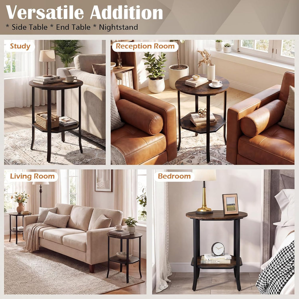 Giantex Round Side Table Set of 2, 2-Tier Small Sofa Couch End Table with Storage Shelf & Steel Frame, Wood Bedside Night Stand for Small Space Bedroom Living Room (Rustic Brown)
