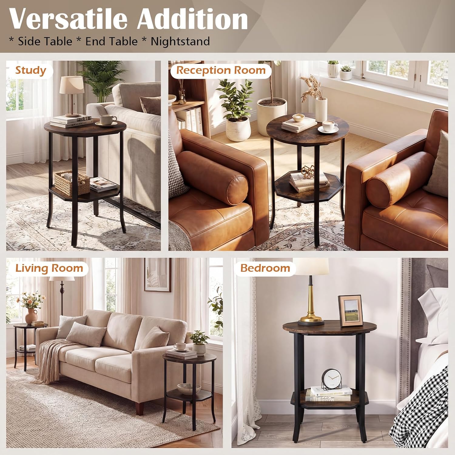 Giantex Round Side Table Set of 2, 2-Tier Small Sofa Couch End Table with Storage Shelf & Steel Frame, Wood Bedside Night Stand for Small Space Bedroom Living Room (Rustic Brown)