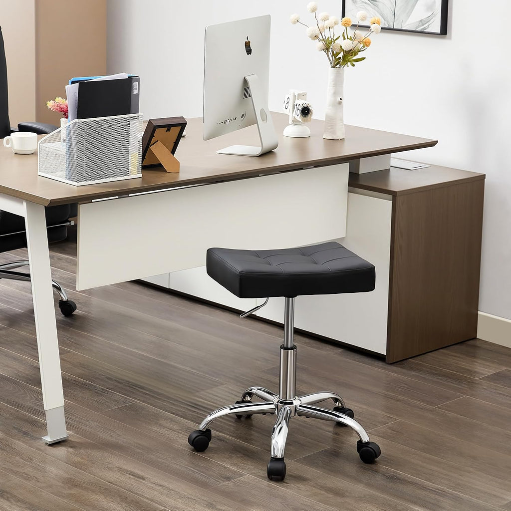 FIRAVOE Office Stool with Wheels (300lbs Capacity) (Adjustable Height 17-21 inch) Black Faux Leather Workbench Stool (Black)
