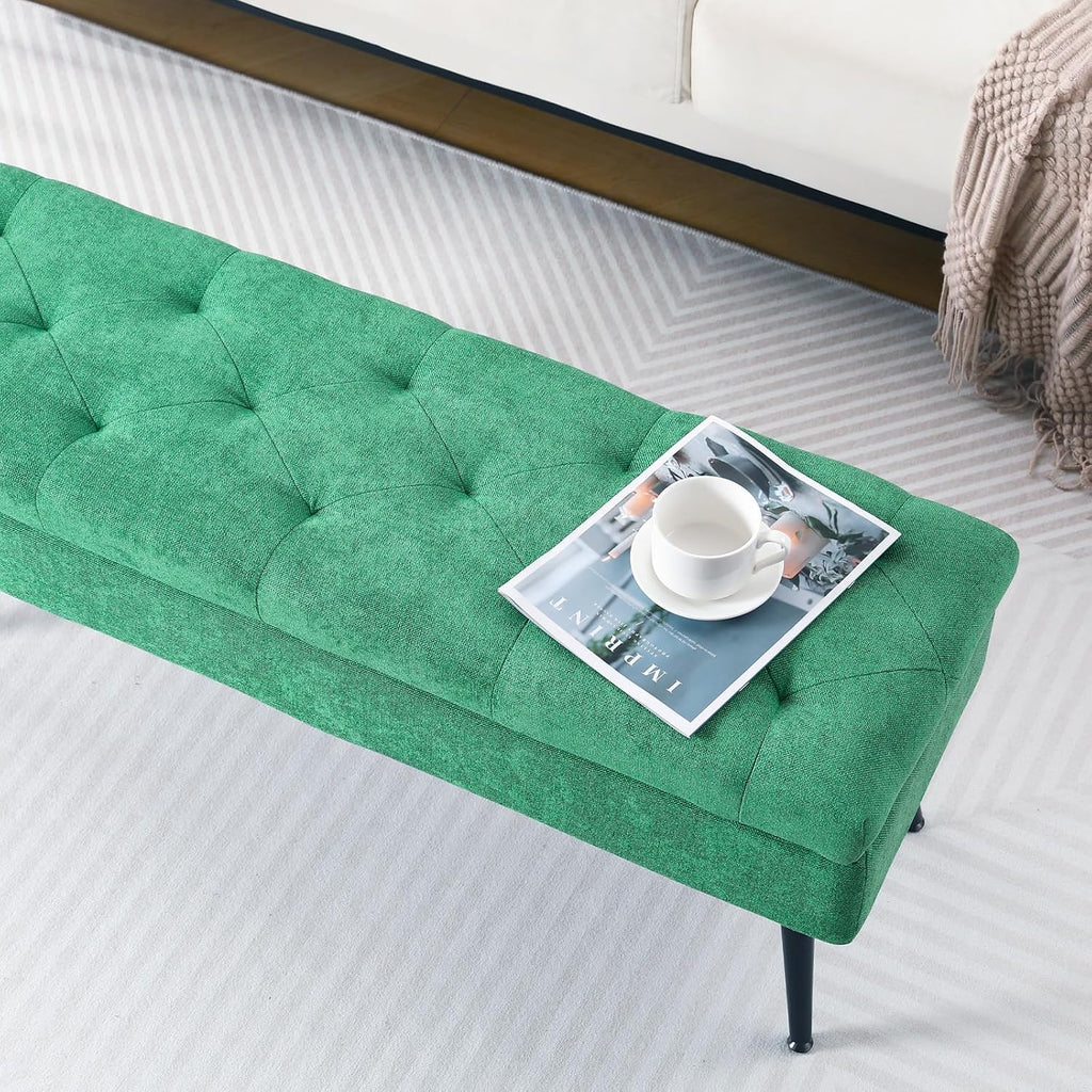 Storage Ottoman Bench, 43.5" Tufted Entryway Bench, Upholstered Long Ottoman with Storage for Living Room, Support 660lbs - Fabric Green