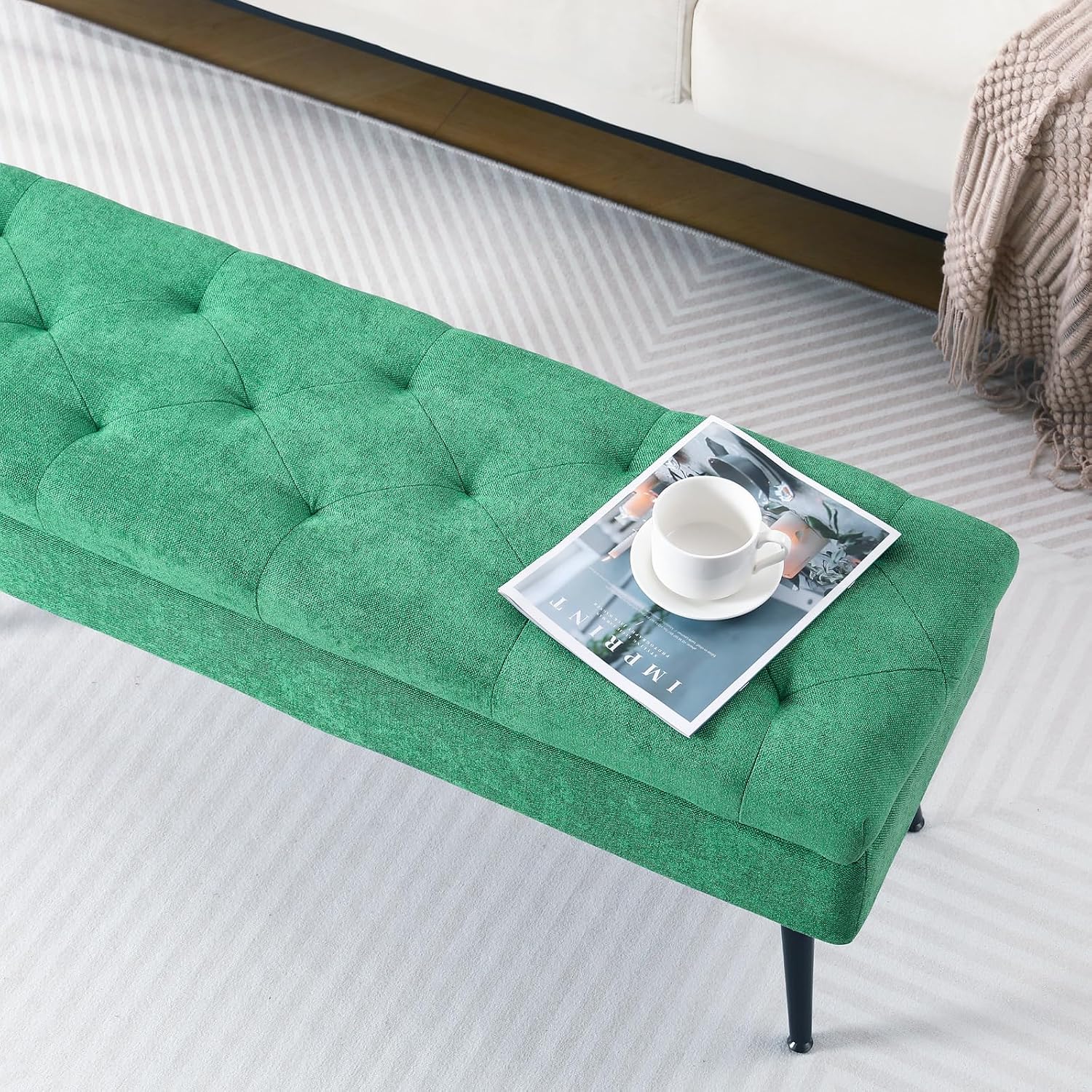 Storage Ottoman Bench, 43.5" Tufted Entryway Bench, Upholstered Long Ottoman with Storage for Living Room, Support 660lbs - Fabric Green