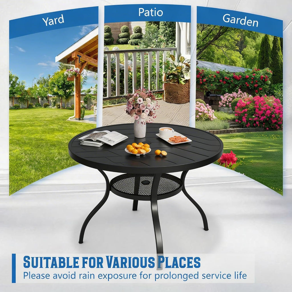 SUNCROWN 42 Inch Round Outdoor Patio Dining Table, All Weather Black Metal Steel Slat Table with 1.5" Umbrella Hole, Weather Resistant Outside Furniture for Lawn Garden Backyard Porch