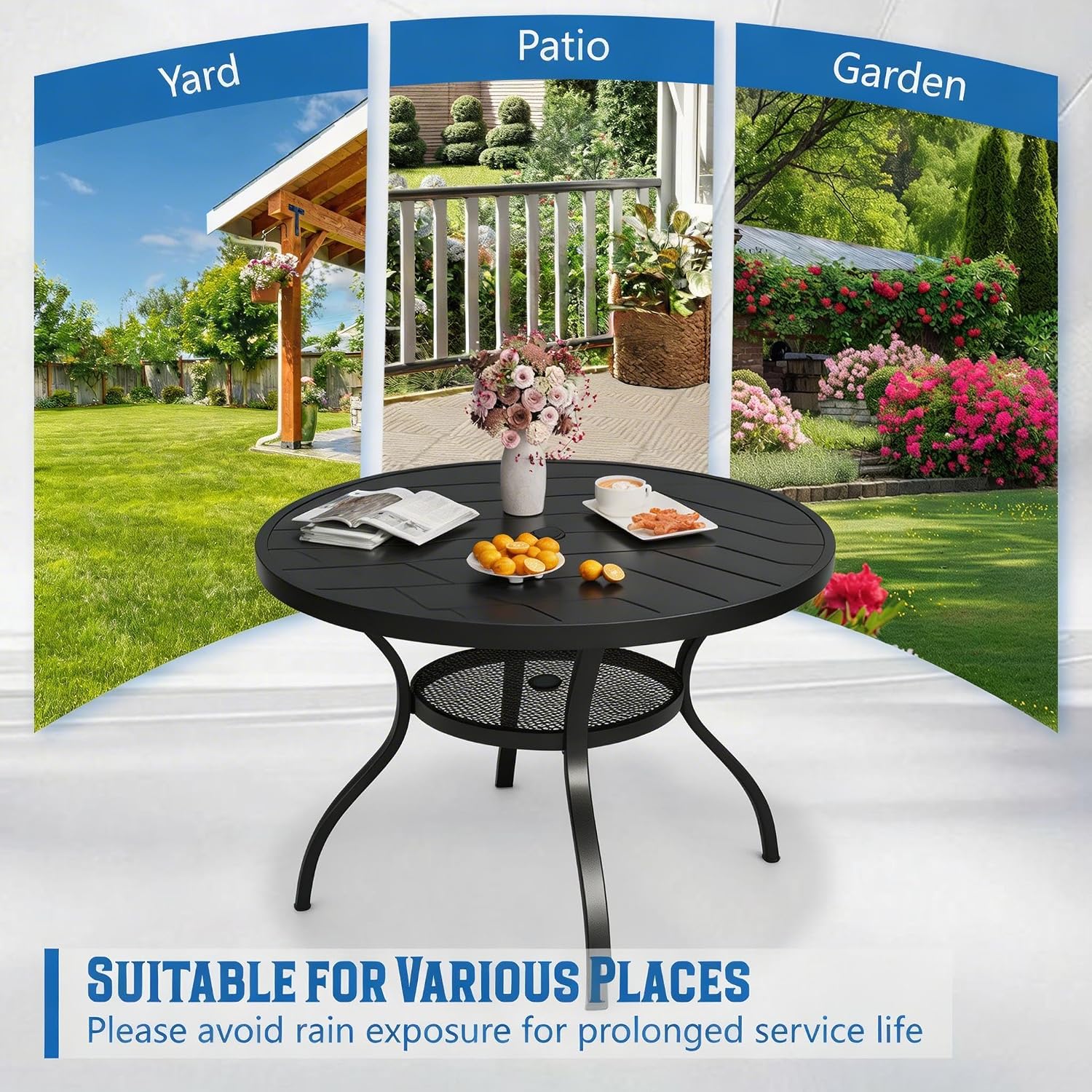 SUNCROWN 42 Inch Round Outdoor Patio Dining Table, All Weather Black Metal Steel Slat Table with 1.5" Umbrella Hole, Weather Resistant Outside Furniture for Lawn Garden Backyard Porch