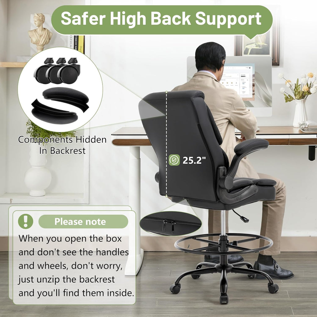 500LBS Drafting Chair, High Back Safer Standing Desk Chair, Executive Tall Office Chair with Flip-up Armrests, Upholstered PU Leather Task Chair, Ergonomic Seat with Adjustable Height&Foot Ring, Black