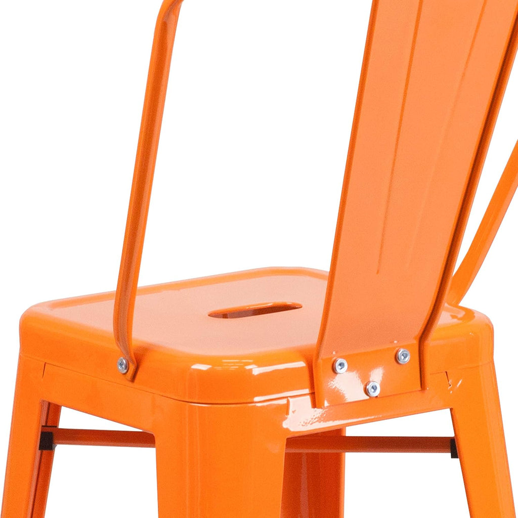 EMMA + OLIVER Commercial Grade 24" H Orange Metal Indoor-Outdoor Counter Height Stool w/Back