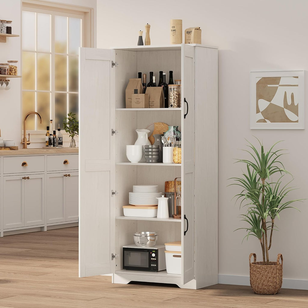Garvee Tall Pantry Cabinet, 60" Kitchen Storage Cabinet with 2 Doors & Adjustable Shelves, Freestanding Wooden Cupboard for Bathroom，Dining Room, Living Room,White