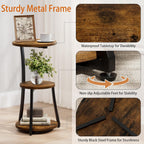 Small Side Table, 3-Tier Round End Table for Small Spaces, Vintage Accent Table for Living Room Sofa Couch Bedroom, 11.8" Corner Nightstand Wood Metal Coffee Table with Storage Shelf, Rustic Brown