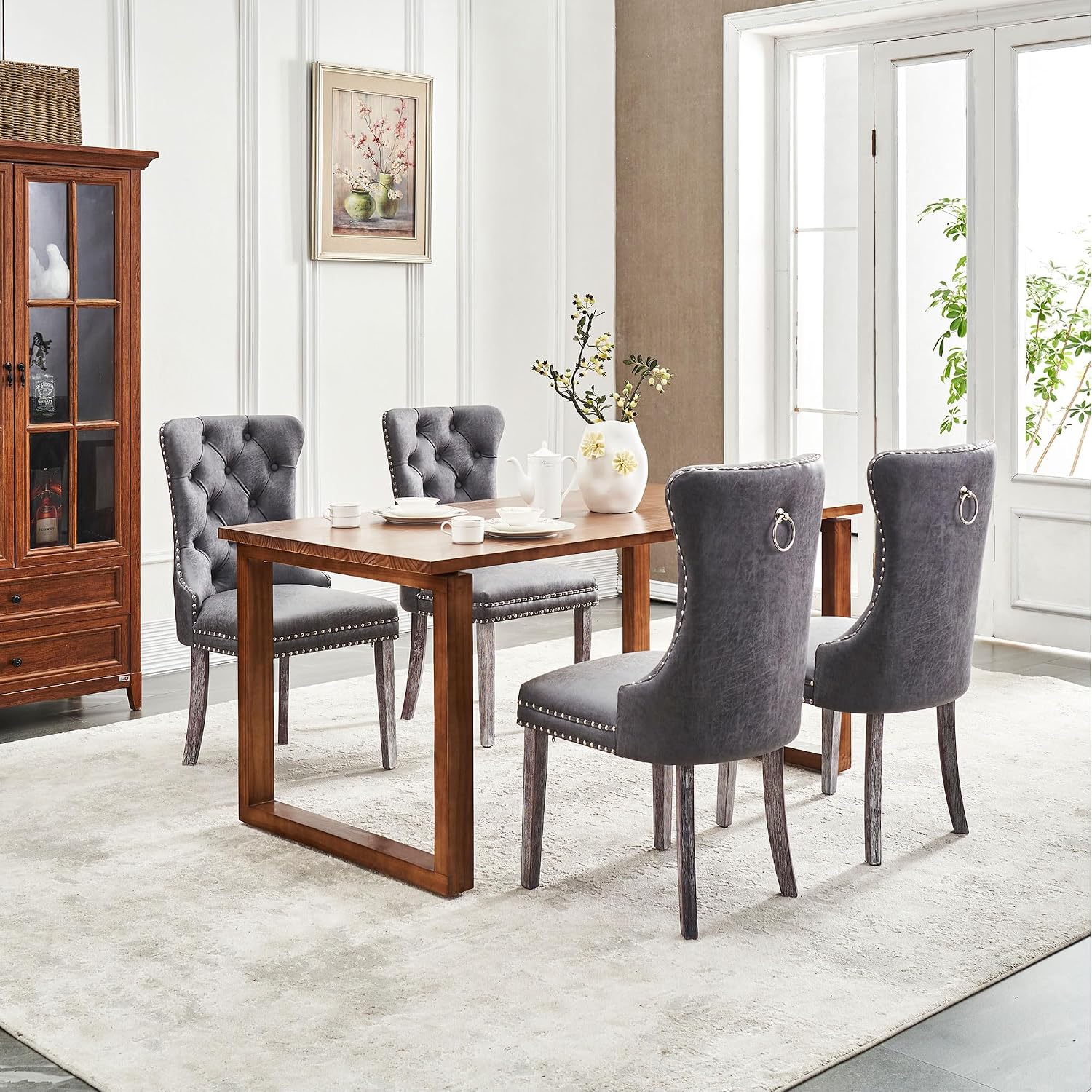 Leather Dining Chairs Set of 4, Mid Century Modern Dining Chairs with Nailhead and Metal Pull Ring, Upholstered Dining Room Chairs for Living Room, Bedroom, Kitchen (Grey)