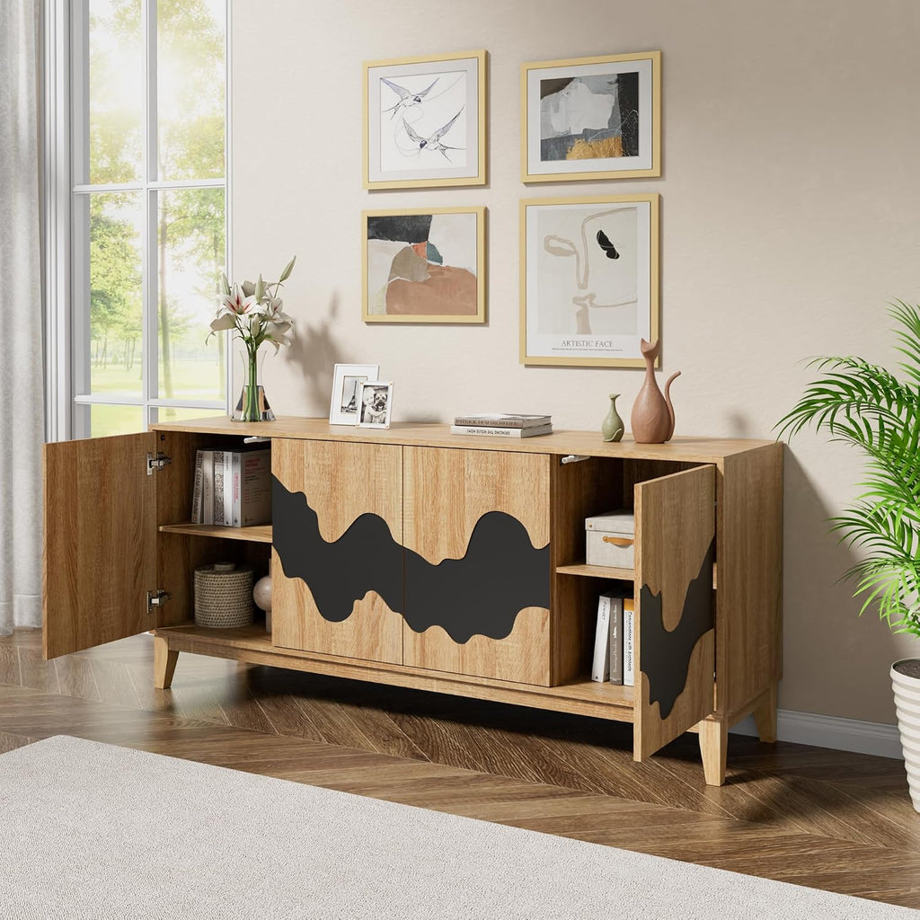 Natural Buffet Cabinet Sideboard with Storage 63'' Distinctive Coffee Bar with Flowing Water Patterns Kitchen Buffet with 4 Doors for Bedroom, Living Room (Natural and Black)