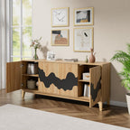 Natural Buffet Cabinet Sideboard with Storage 63'' Distinctive Coffee Bar with Flowing Water Patterns Kitchen Buffet with 4 Doors for Bedroom, Living Room (Natural and Black)