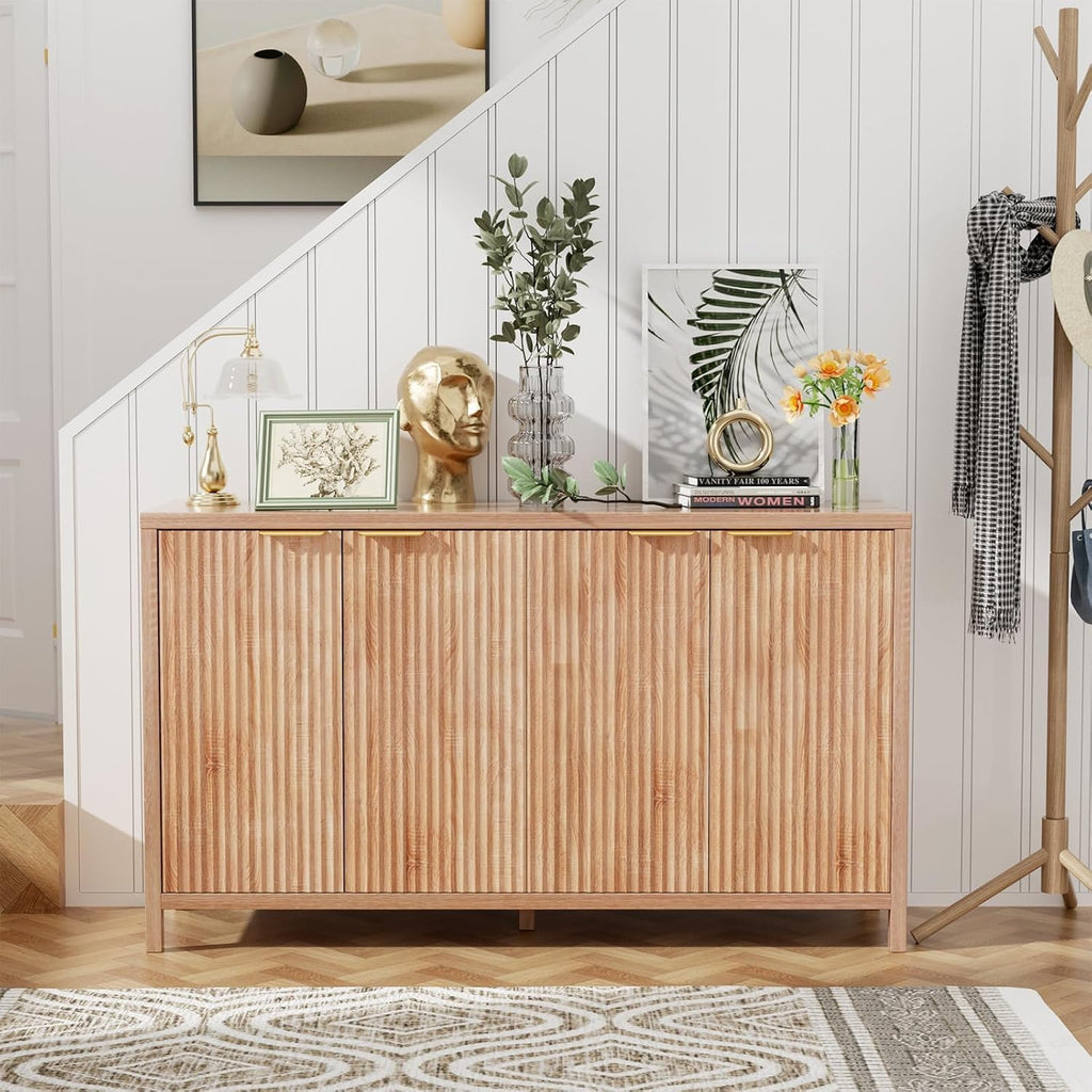 Fluted Sideboard Buffet Cabinet, 55" Large Storage Buffet Cabinet with 4 Doors and Adjustable Shelves, Modern Sideboard Console Table for Living Room,Entryway,Dinning Room,Kitchen-Grey