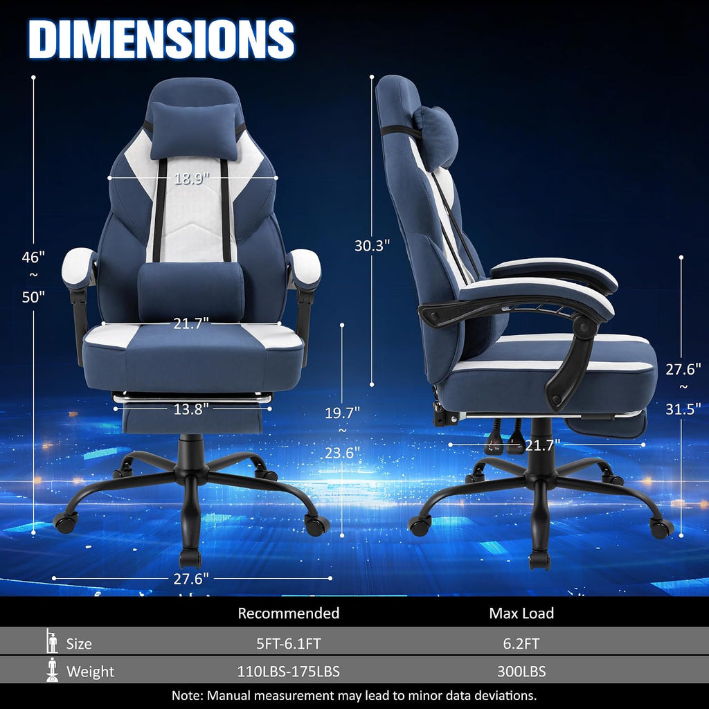Gaming Chair with Footrest, Gaming Chair for Adults with Massage Lumbar Support, High Back Ergonomic Computer Chair, Breathable Fabric, Pocket Spring Cushion, 150°Reclining & Linkage Armrests, Blue