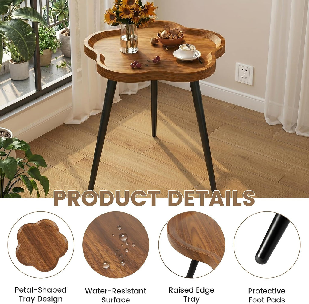 danpinera Round Side Table, Metal Legged Accent Table with Wooden Tray, Flower Tray Small Round End Table for Living Room, Bedroom, Nursery Rustic Brown