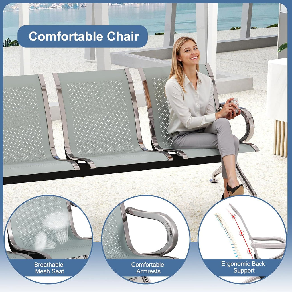 kinbor Waiting Room Chairs - Durable Reception Bench with Armrests, 2-Seat Office Reception Guest Chairs for Office, Hospital, Airport, Bank & Lobby (Gray, Set of 2)
