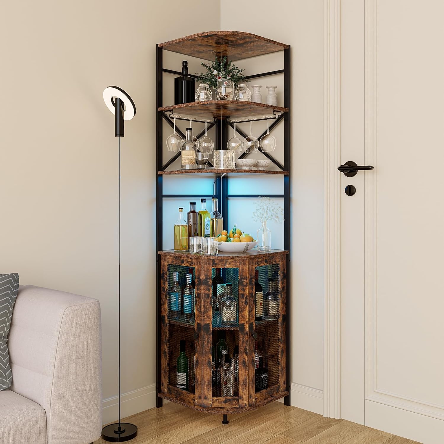 Wine Bar Cabinet with Power Outlet, 6-Tiers Industrial Wine Cabinet with LED Light and Glass Holder, Corner Wine Cabinet with Adjustable Shelf, Liquor Cabinet Bar for Christmas