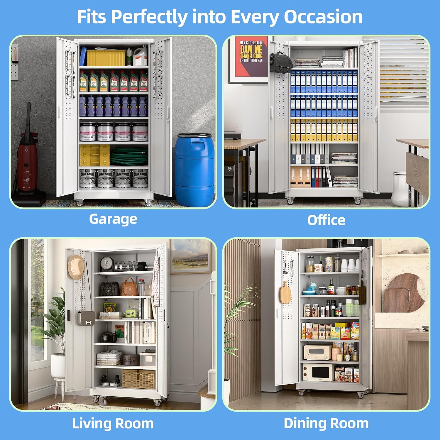 Aobabo Upgrade 71H''*32''W*16''D Metal Garage Storage Cabinet with Wheels and Pegboards, 5 Adjustable Shelves Steel Storage Cabinets for Home,Warehouse,Garage,Assembly Required,White