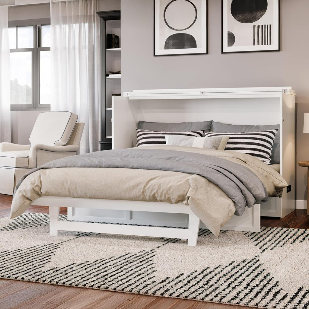 AFI, Northfield Murphy Bed Chest Queen with 6" Mattress, Storage Drawer & Built-in USB Charger, White