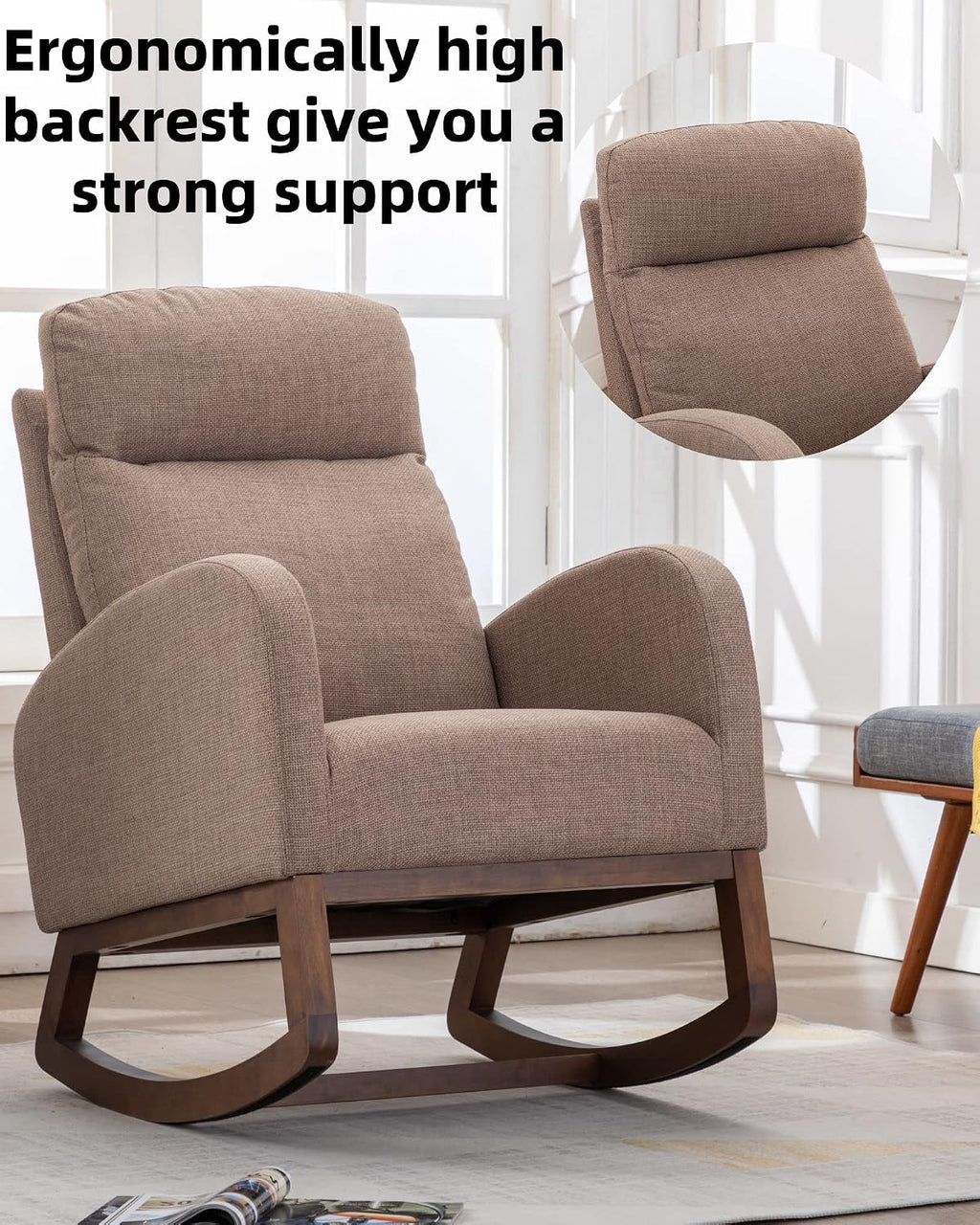 Rocking Accent Chair for Nursery, Upholstered Glider Nursery Chair with Breathable Fabric for Bedroom, Living Room, Camel