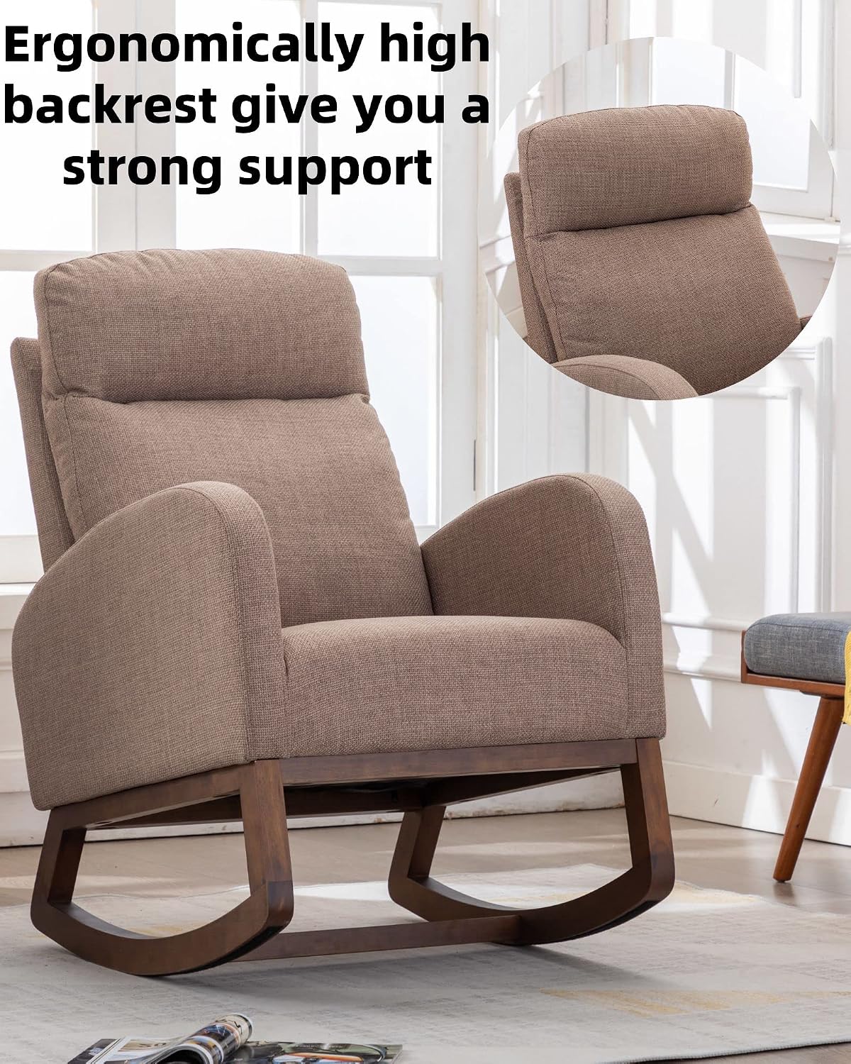 Rocking Accent Chair for Nursery, Upholstered Glider Nursery Chair with Breathable Fabric for Bedroom, Living Room, Camel